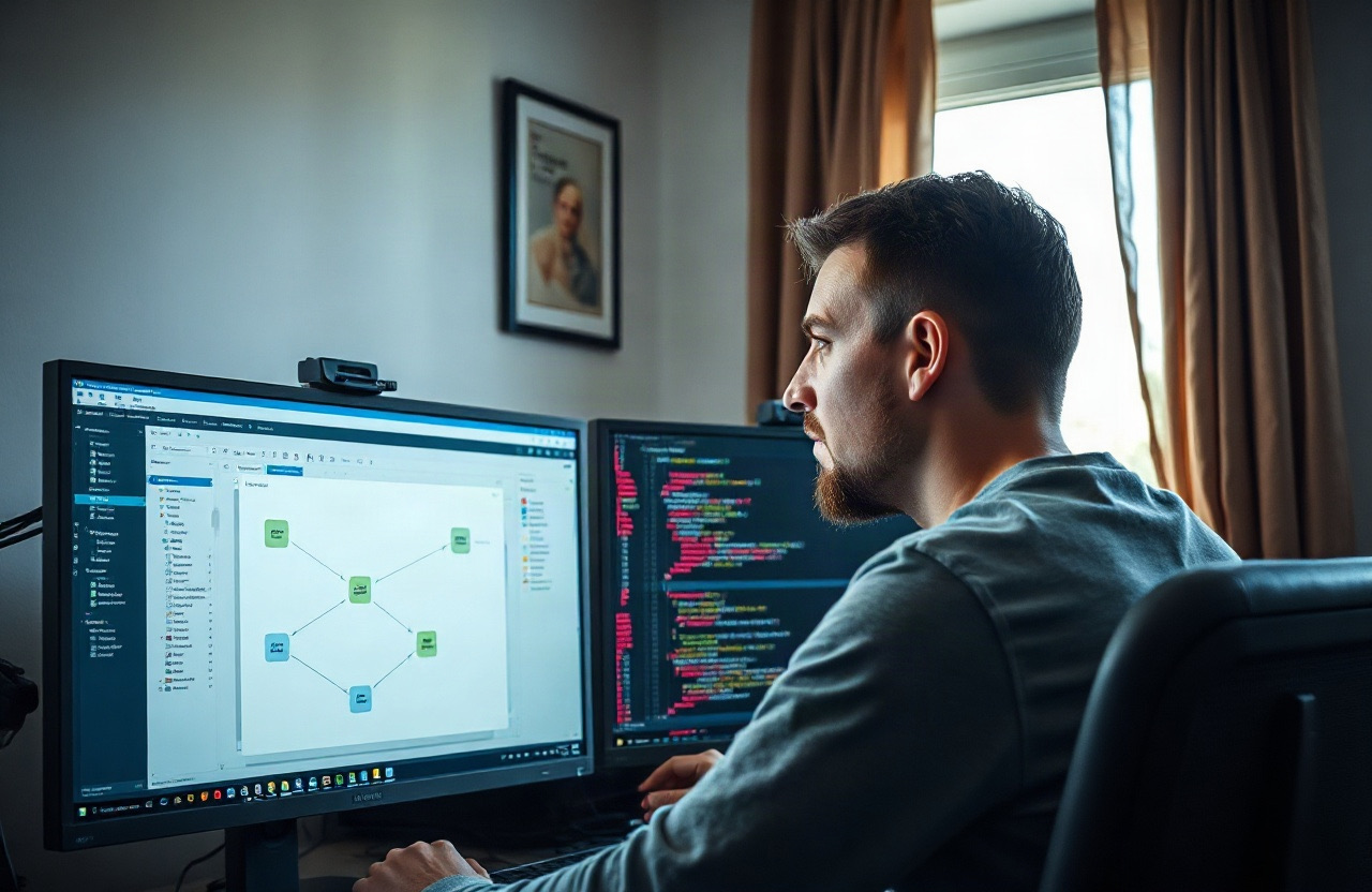 Documentary photo of a software developer in a modest Polish office